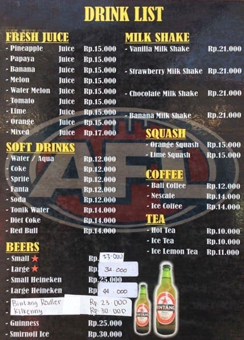 W Sports Bar Menu, Menu v reštaurácii W Sports Bar, Legian, Bali Zomato Indonézia