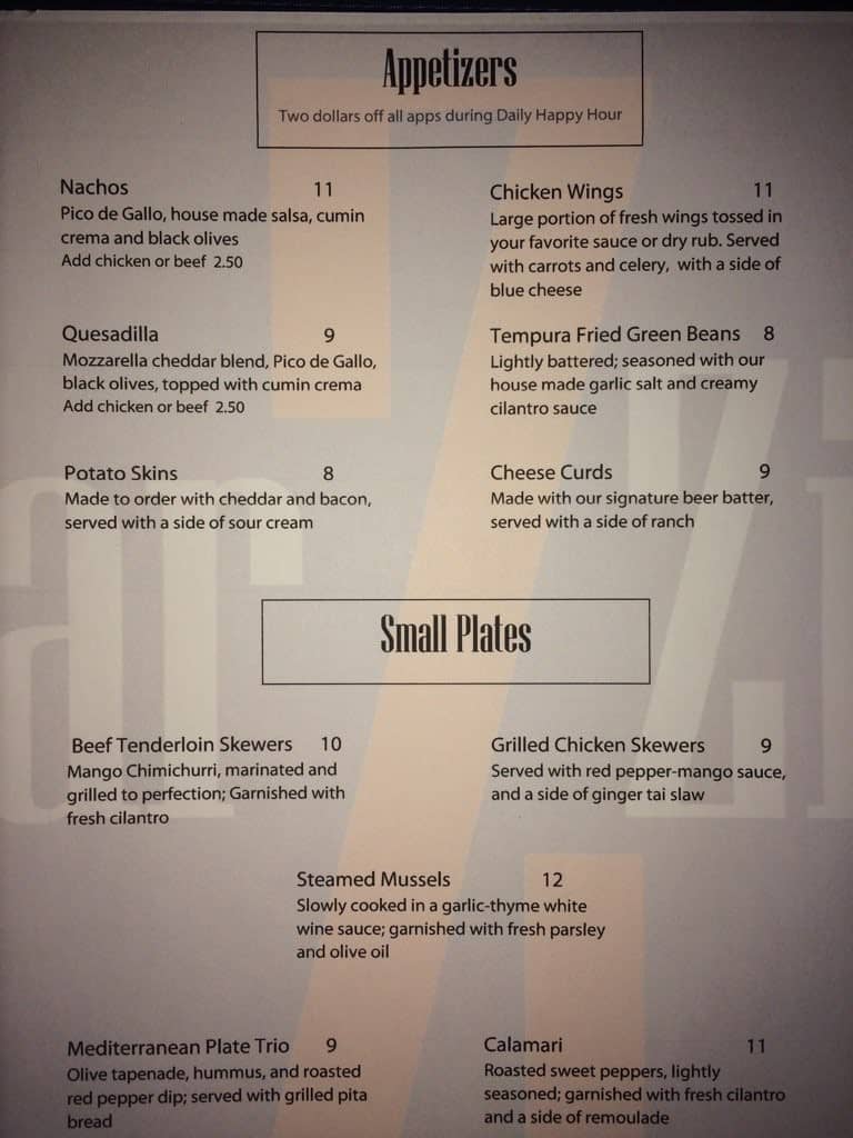 Menu at Bar Zia, Minneapolis