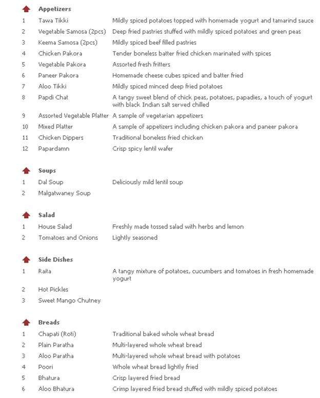 Akash India Restaurant menu
