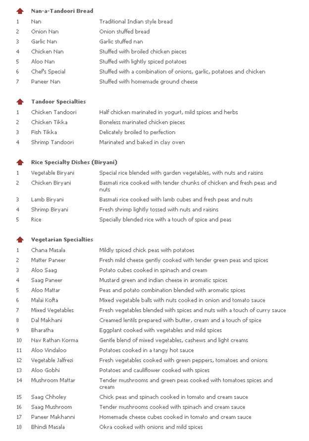 Akash India Restaurant menu