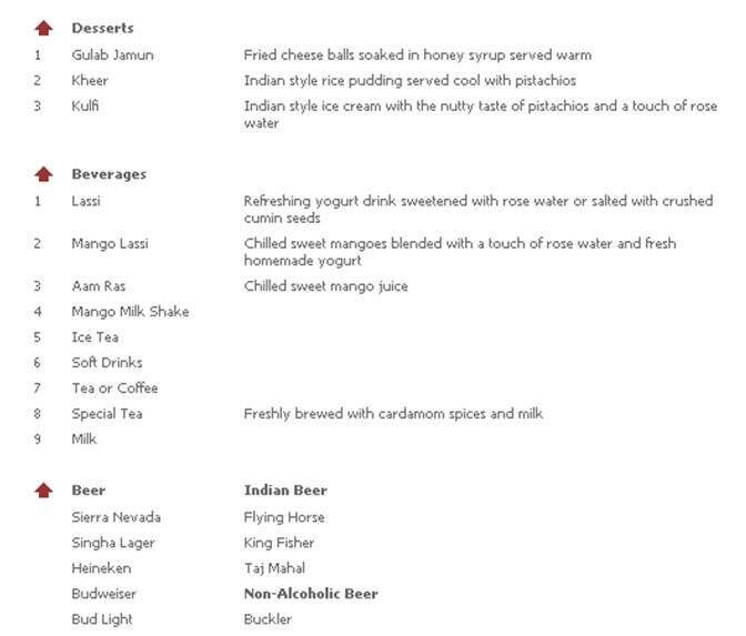 Akash India Restaurant menu