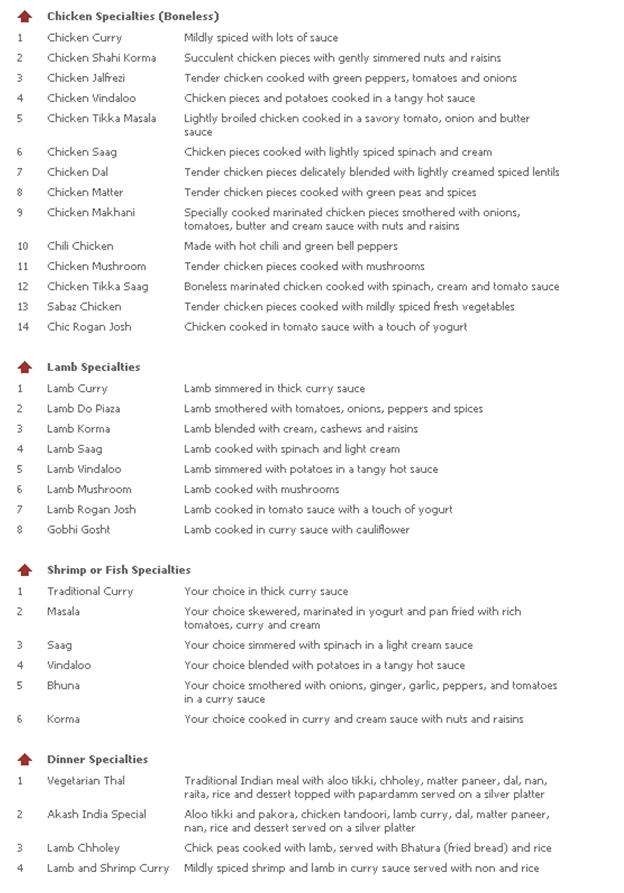 Akash India Restaurant menu
