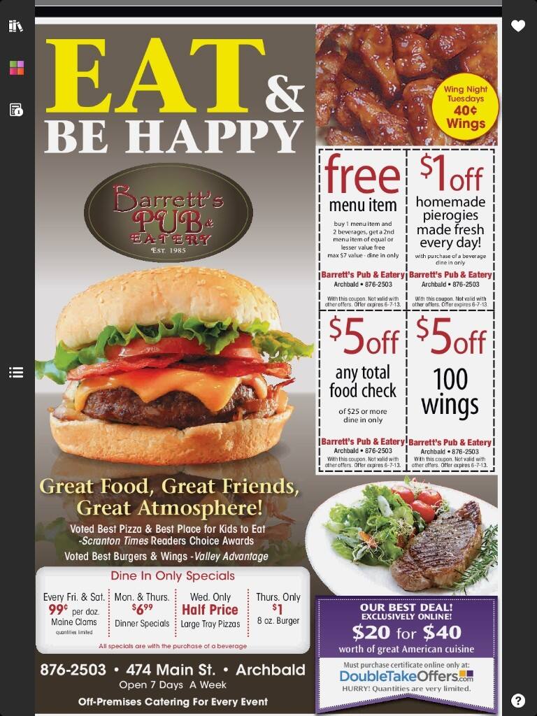 Barrett's Pub Menu, Menu for Barrett's Pub, Archbald, Scranton