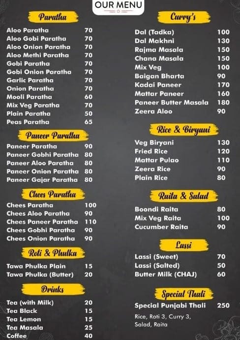 Menu Of The Paratha Street, Tolichowki, Hyderabad