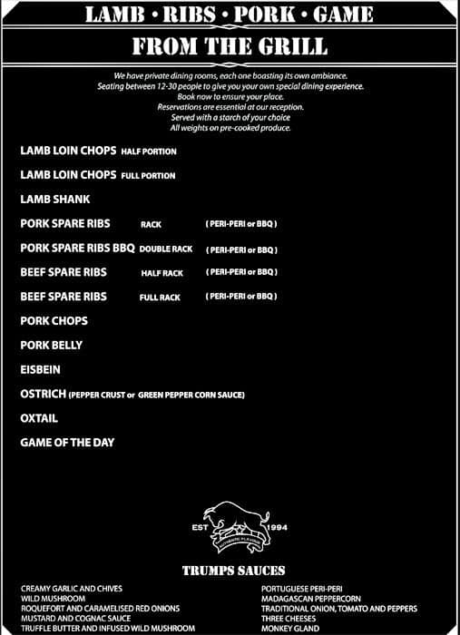 Trumps Grillhouse and Butchery menu