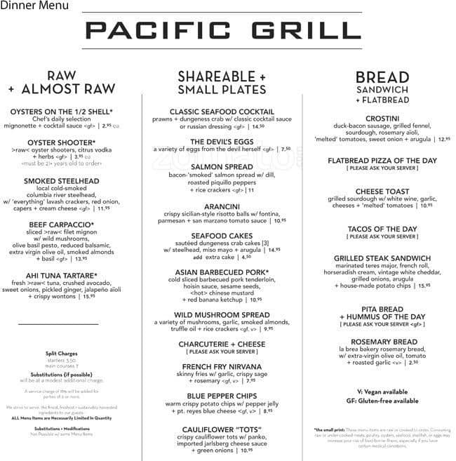 Menu at Pacific Grill restaurant,