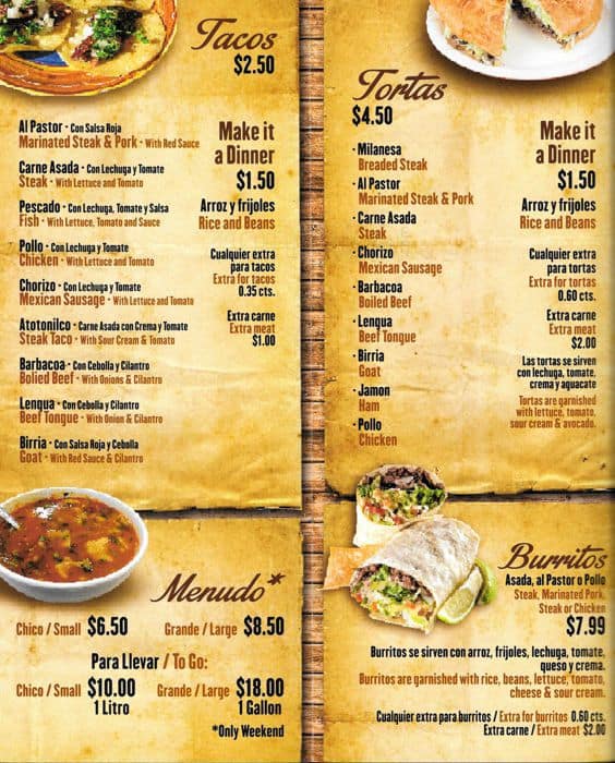 Menu at Taquerias Atotonilco restaurant, Joliet, 500 E Cass St