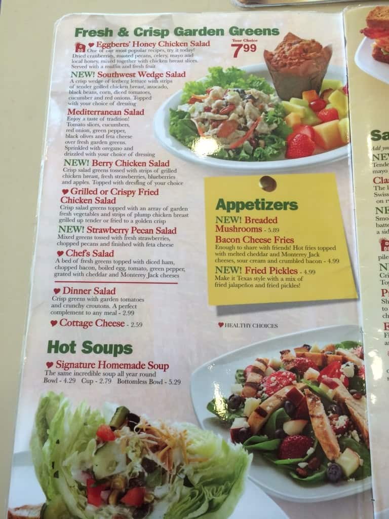 Menu at Eggbert's restaurant, Bartlesville