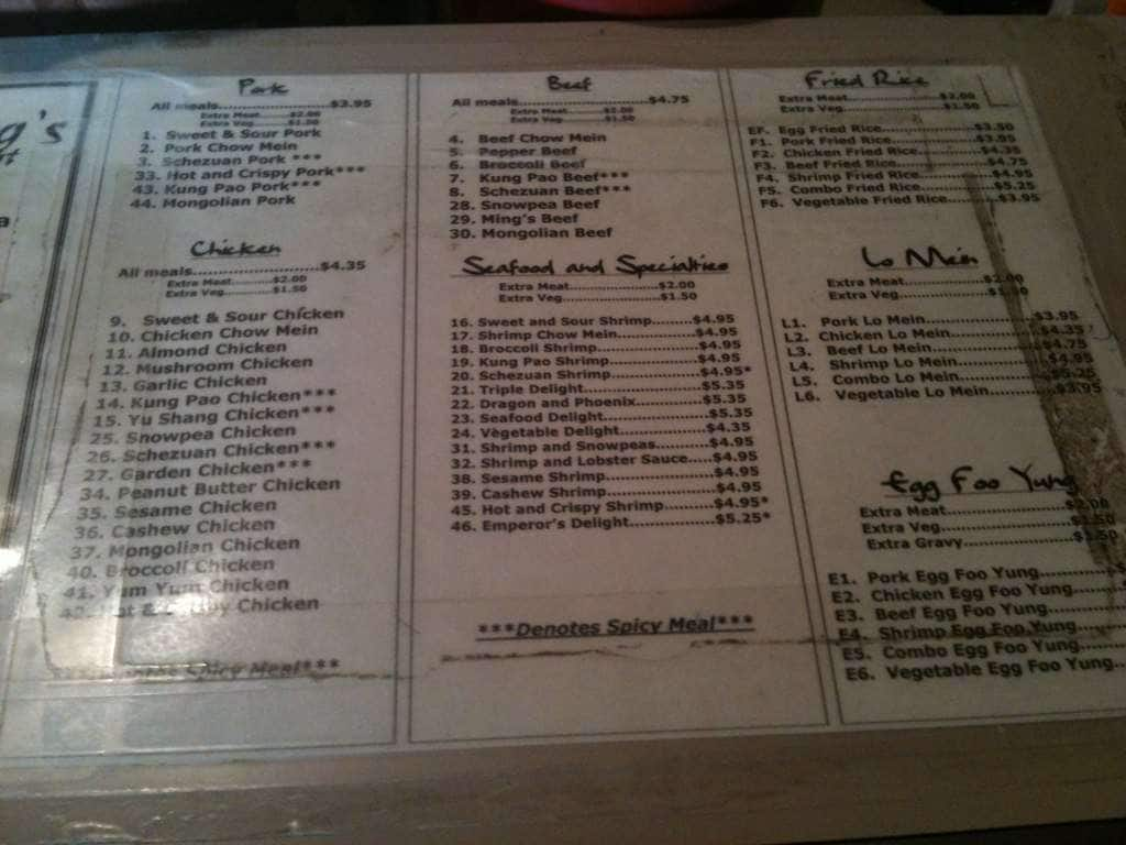 Menu at Ming's Restaurant, Papillion