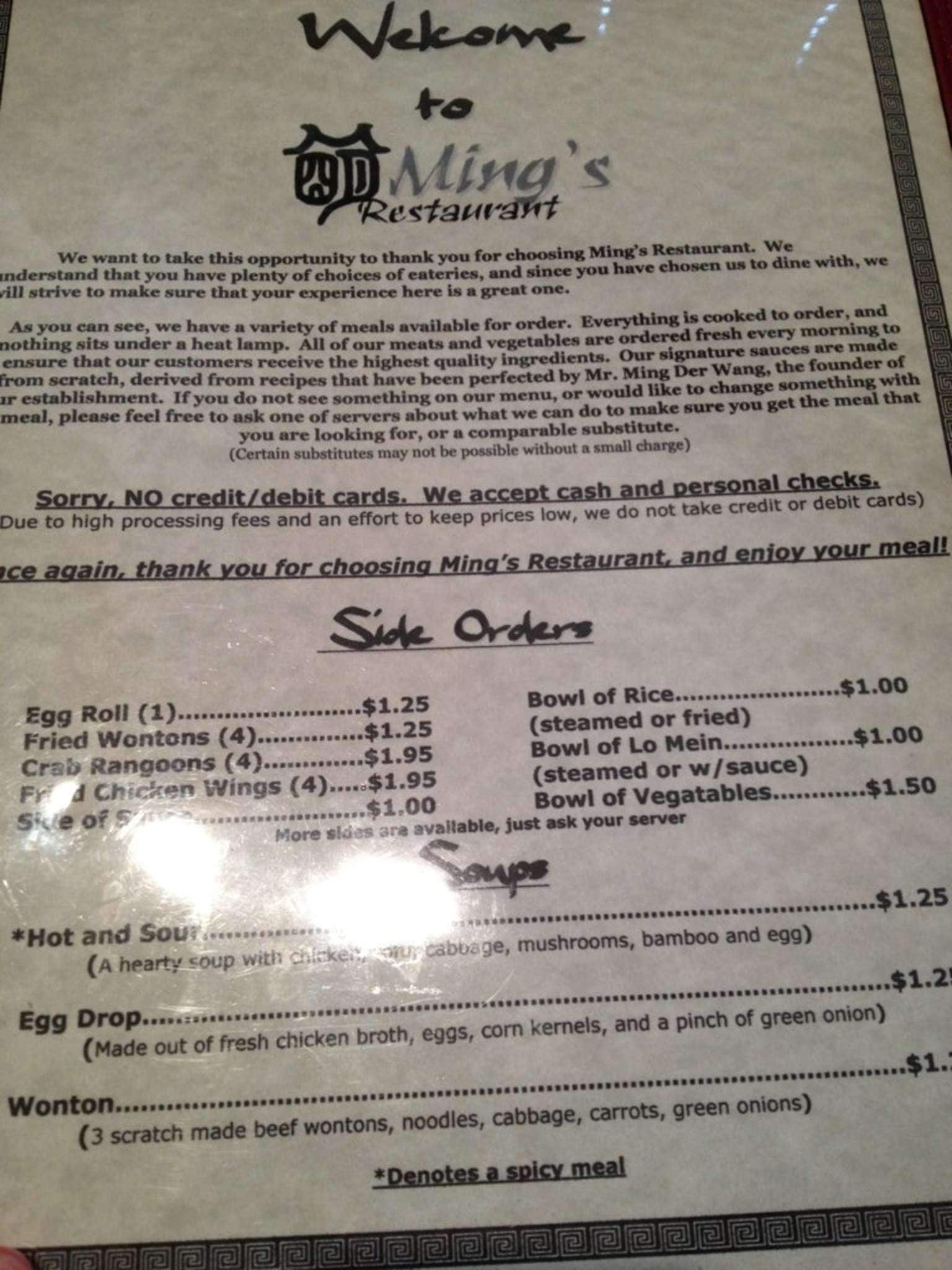 Menu at Ming's Restaurant, Papillion