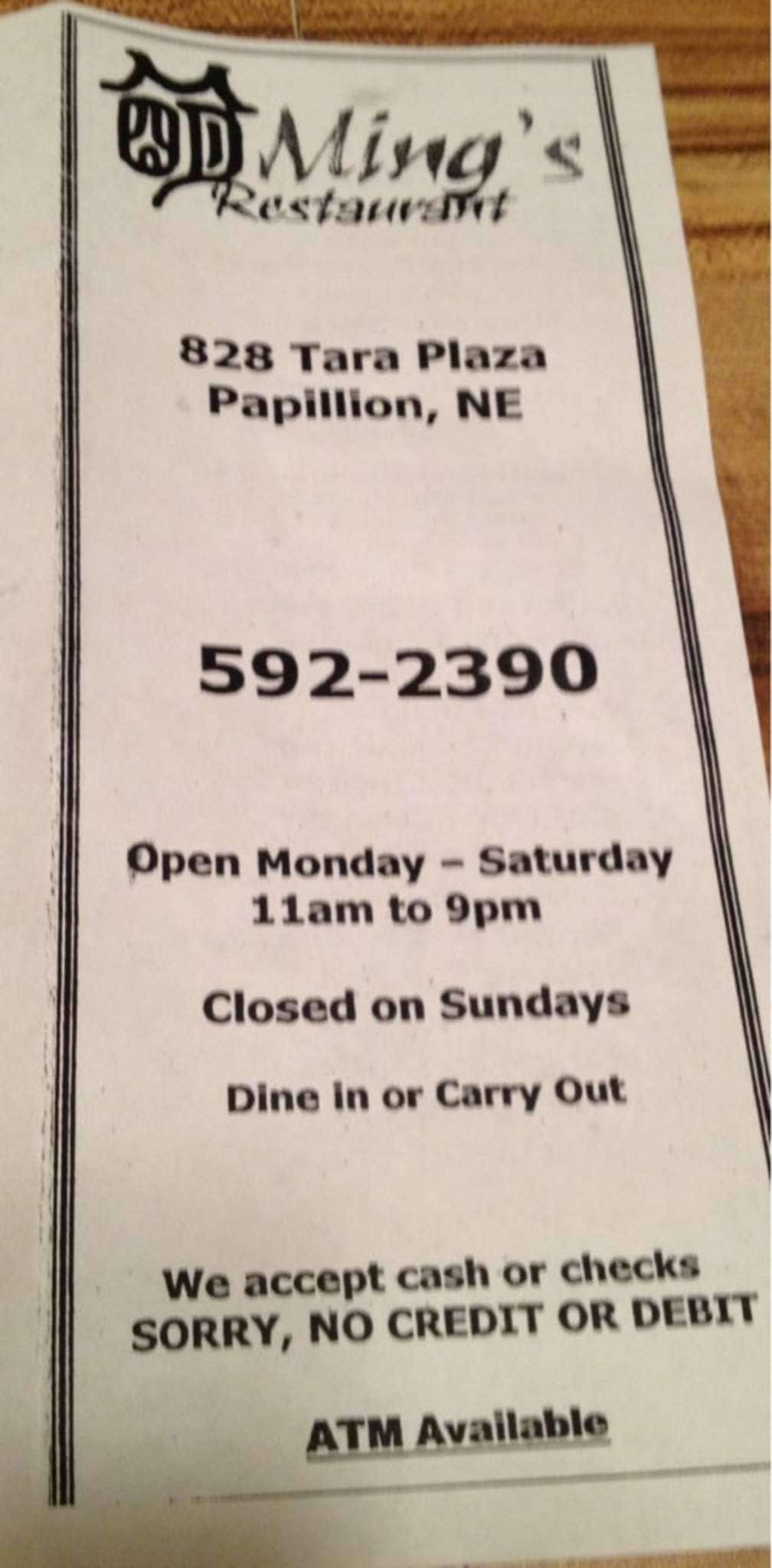 Menu at Ming's Restaurant, Papillion