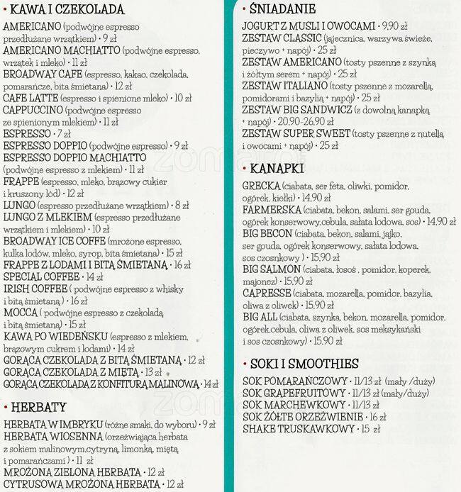 Menu at Broadway Cafe Bar, Warsaw