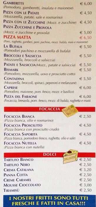 Menu di Pizza Matta 