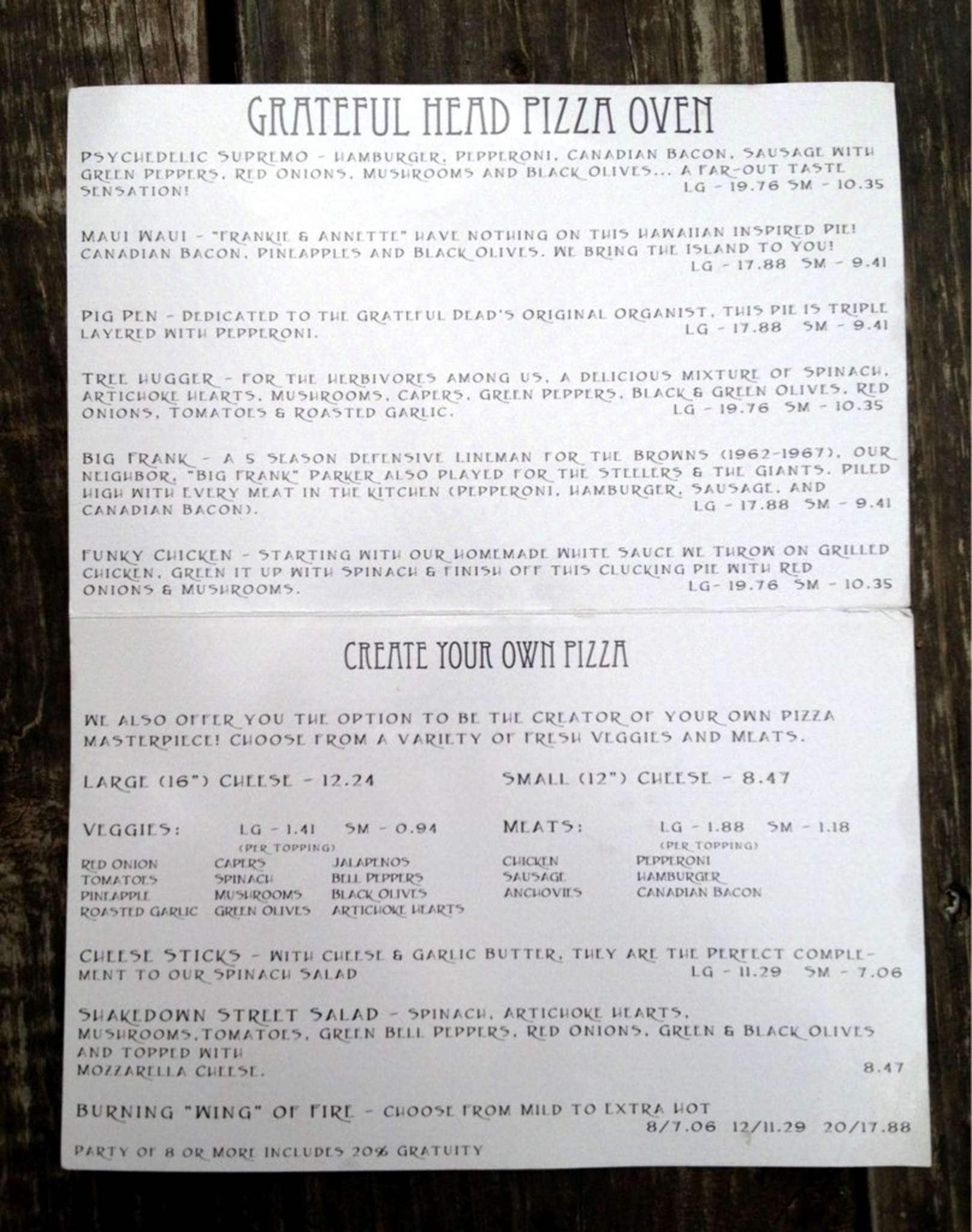 Grateful Head Pizza Oven & Tap Room Menu Urbanspoon/Zomato