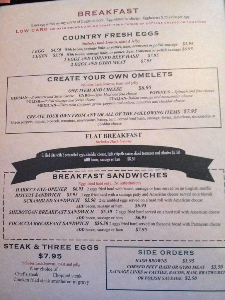 Harry's Diner Menu, Menu for Harry's Diner, Sheboygan, Sheboygan