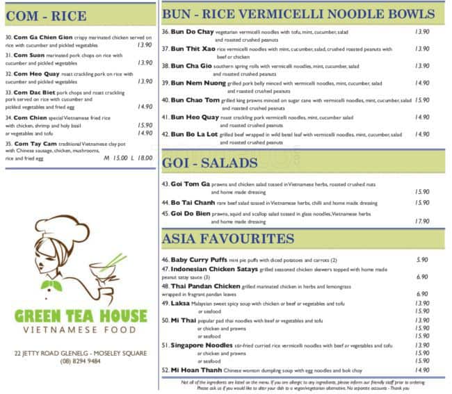 Green Tea House Menu, Menu untuk Green Tea House, Glenelg, Adelaide