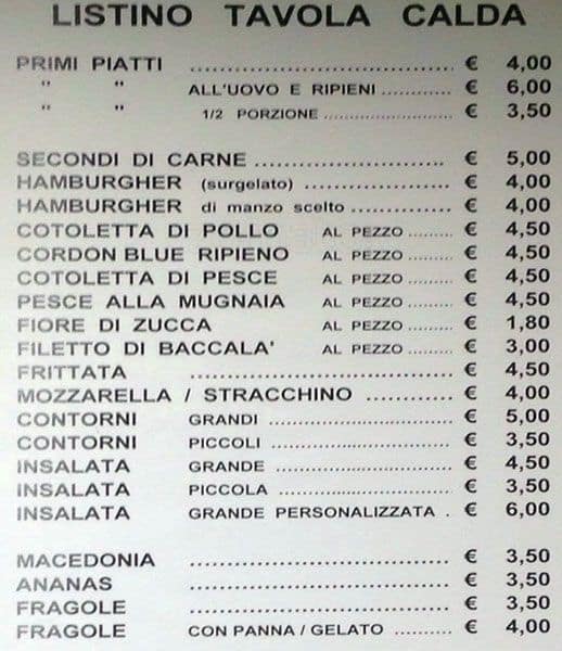 Menu di Bar Verdolini Tavola Calda Tabacchi Roma 