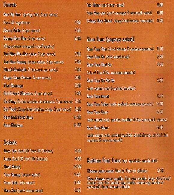Menu at Tomtoon Thai restaurant, Abbotsford