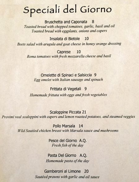 Menu at Sapore Italiano Ristorante restaurant, Burlingame