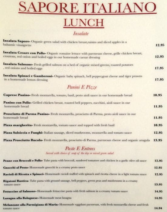 Menu at Sapore Italiano Ristorante restaurant, Burlingame