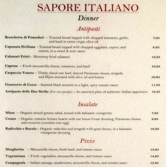 Menu at Sapore Italiano Ristorante restaurant, Burlingame