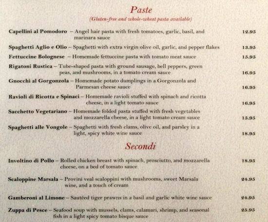 Menu at Sapore Italiano Ristorante restaurant, Burlingame