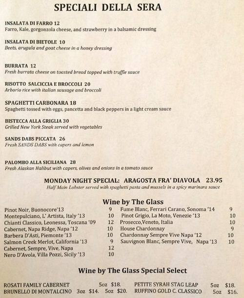 Menu at Sapore Italiano Ristorante restaurant, Burlingame