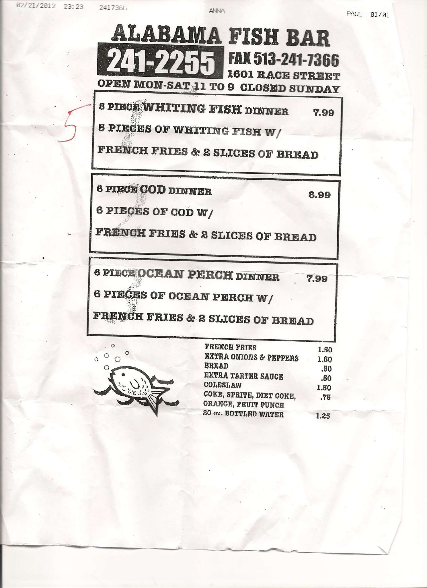 Alabama Fish Bar Menu, Menu for Alabama Fish Bar, OvertheRhine/Mount