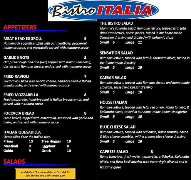 Menu at Bistro Italia pizzeria, Baton Rouge, Coursey Blvd