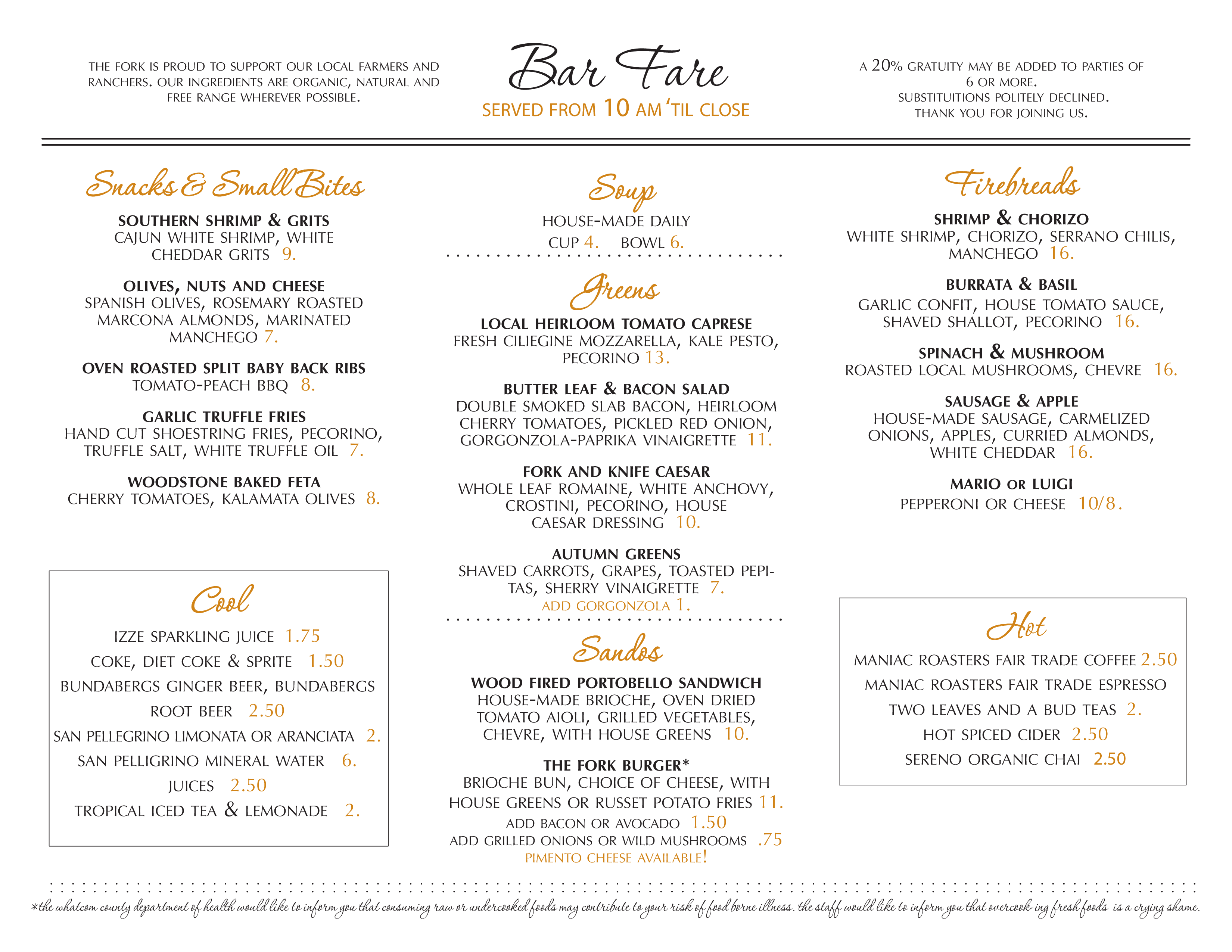 Menu at Fork At Agate Bay restaurant, Bellingham