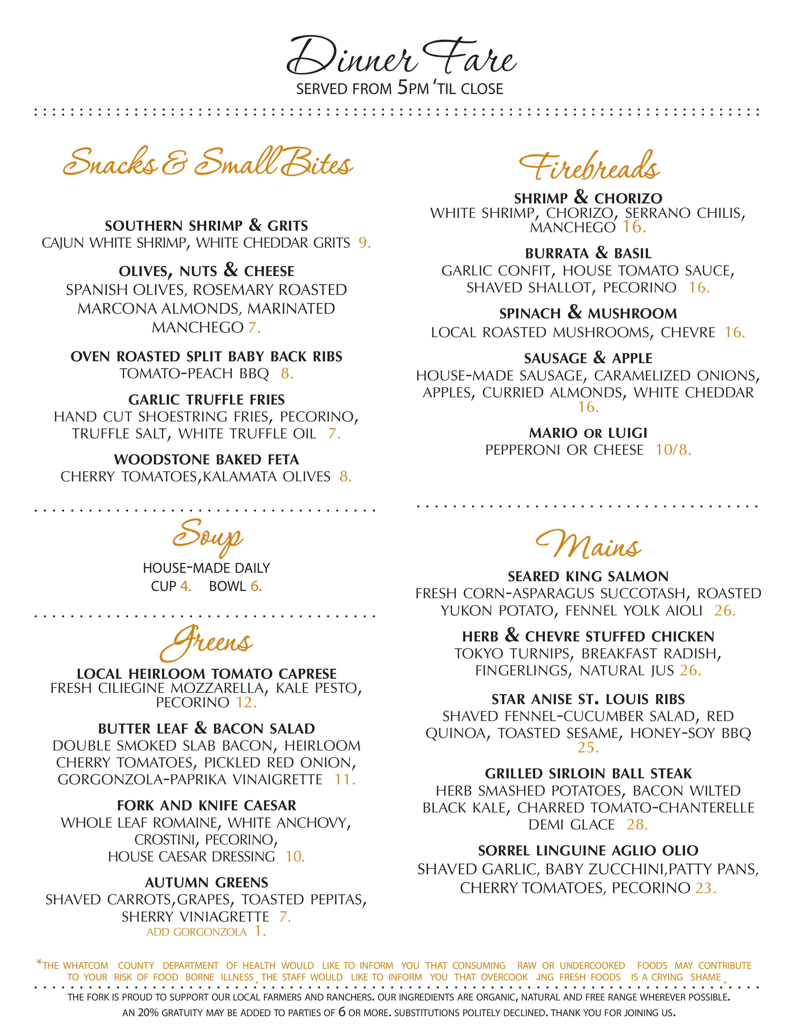 Menu at Fork At Agate Bay restaurant, Bellingham