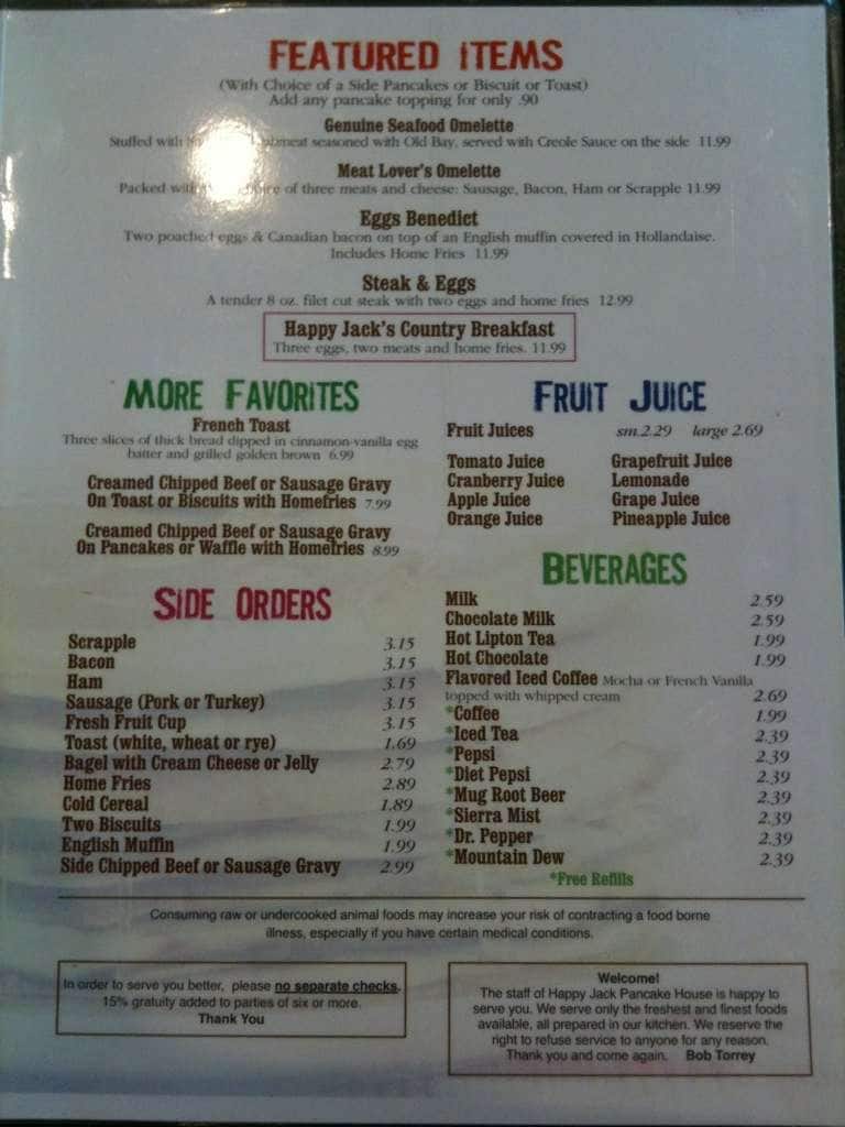 Menu at Happy Jack Pancake House restaurant, Ocean City