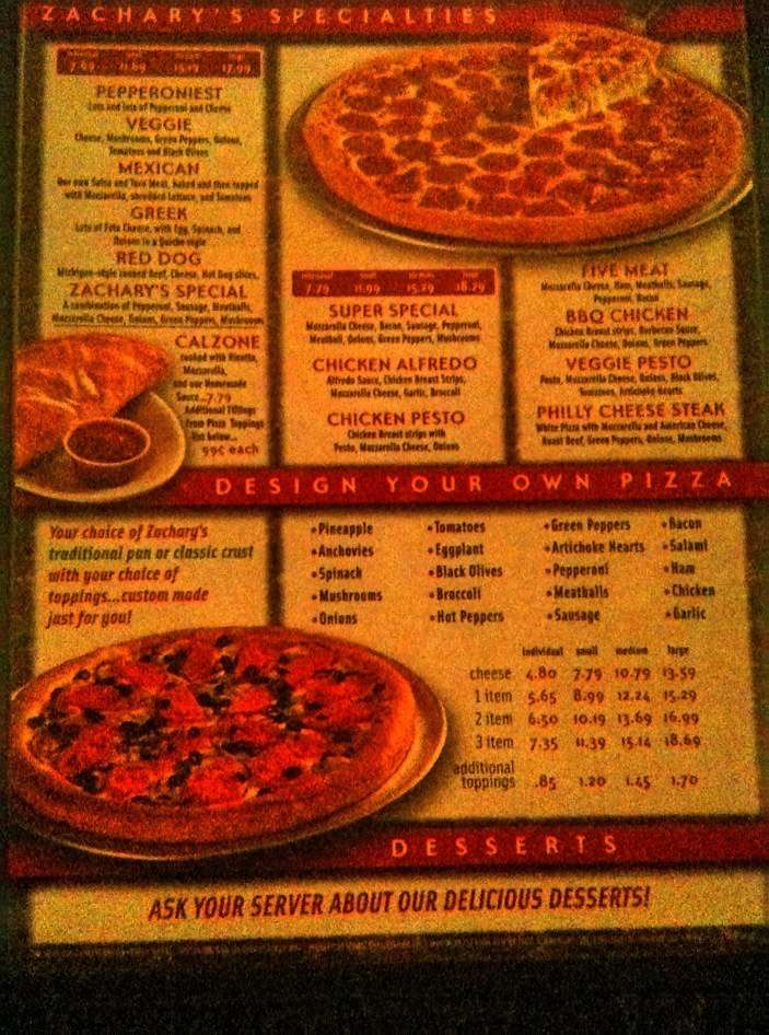 Menu at Zachary's Pizza pizzeria, Colchester