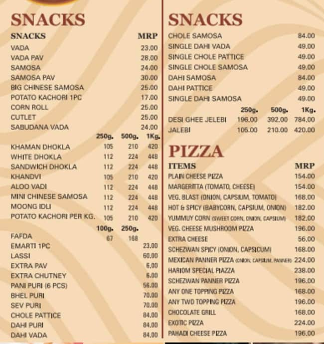 Menu Of Hariom Sweets, Bhiwandi, Thane