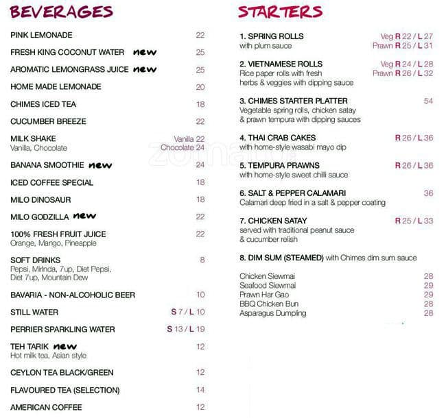 Chimes Menu, Menu for Chimes, Business Bay, Dubai Zomato