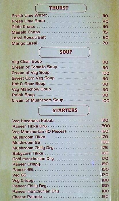 Aditya Pure Veg menu