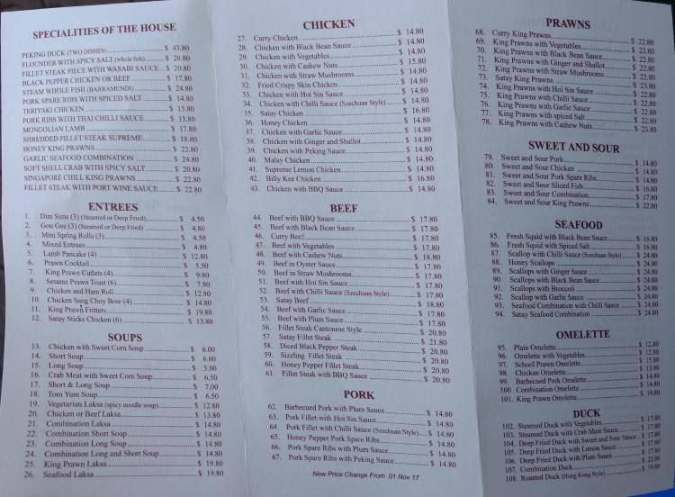 Kingsgrove Chinese a Sydney Foto del Menu con Prezzi Urbanspoon/Zomato