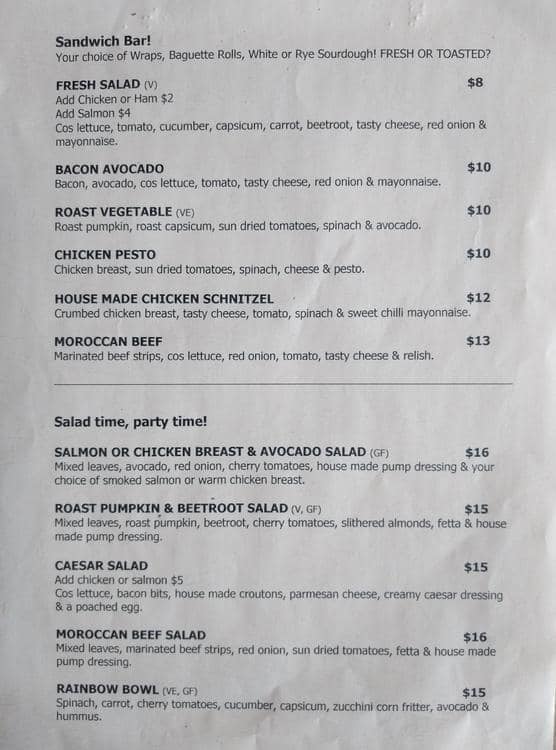 Menu at Pump Cafe, Mooroolbark