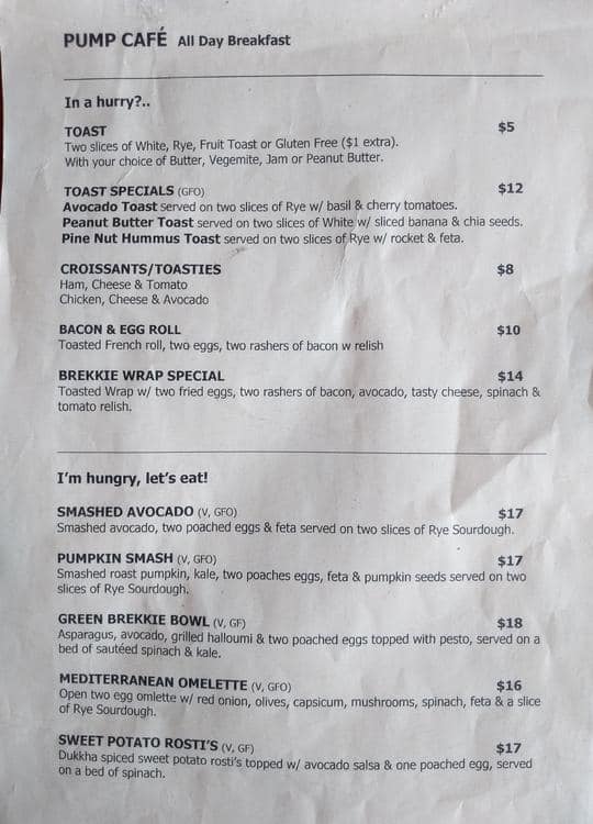 Menu at Pump Cafe, Mooroolbark