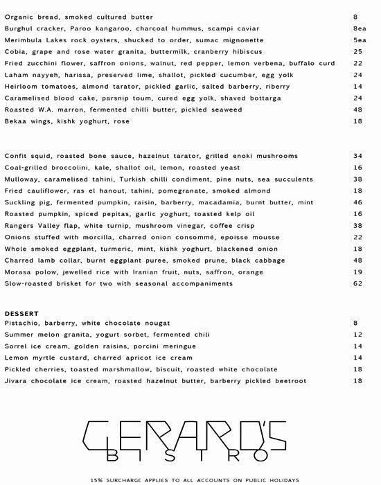 Gerard's Bistro Menu, Menu podniku Gerard's Bistro, Fortitude Valley