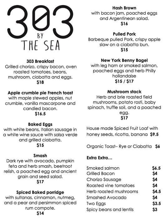 Menu at 303 by the sea cafe, Henley Beach