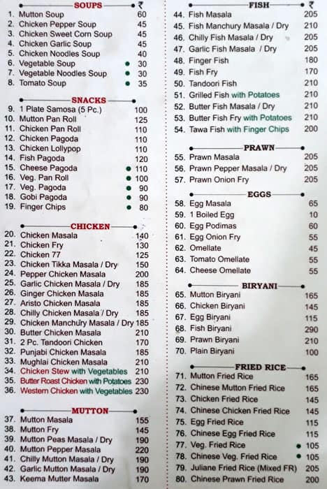 Menu of Aristo Restaurant, Heritage Town, Puducherry