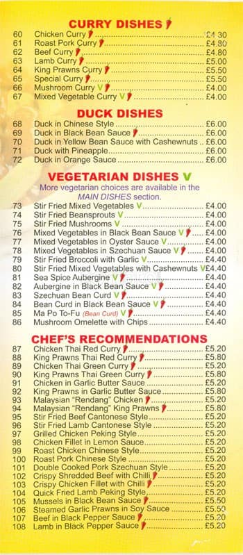 Oriental Express menu