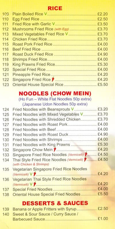 Oriental Express menu