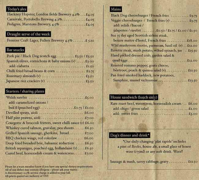 The Black Dog Menu, Menu for The Black Dog, Vauxhall ...