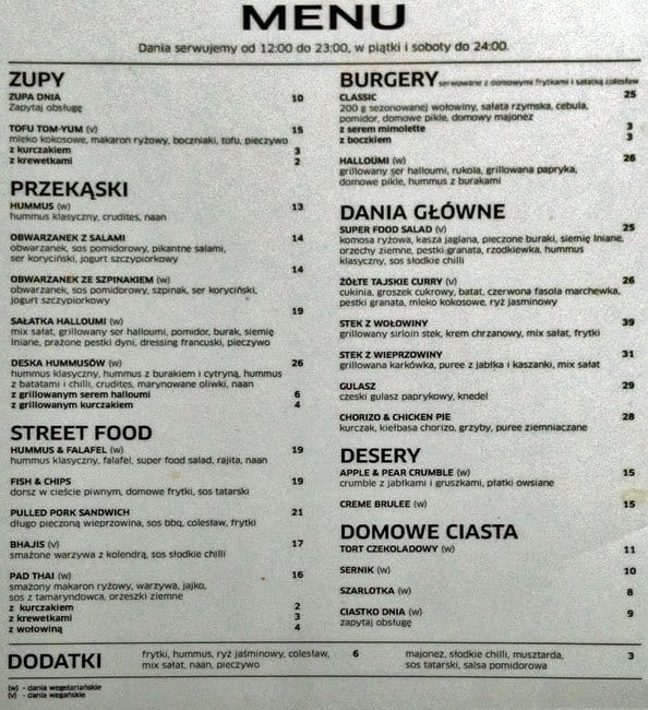 Menu at Alchemia pub & bar, Kraków