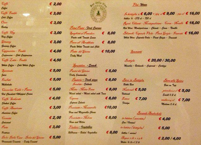 Menu di Bar Della Vite 