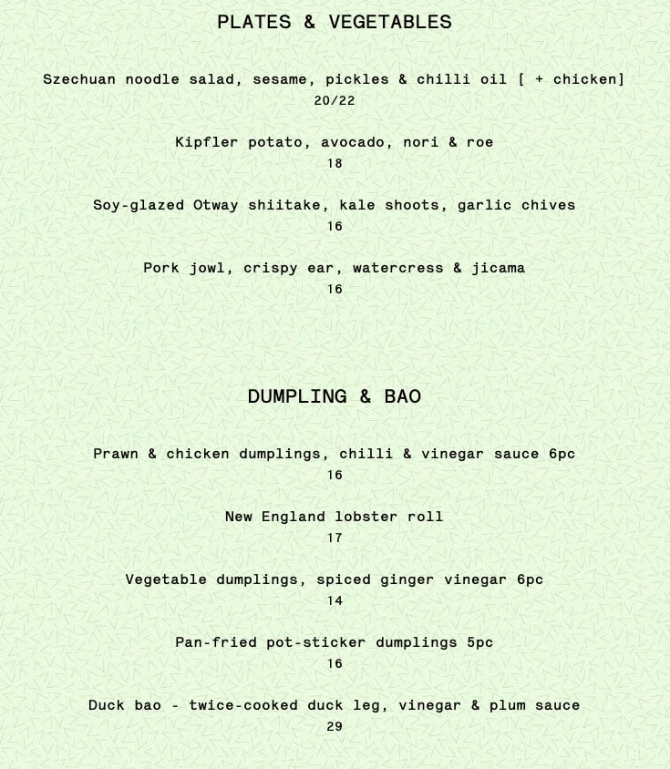 Menu at Supernormal restaurant, Melbourne