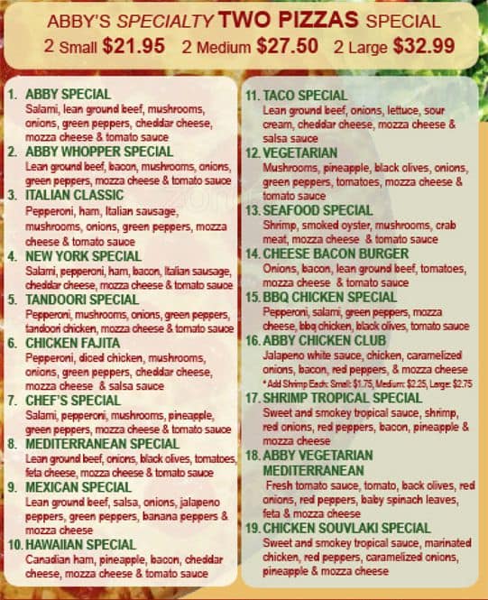 Abby Pizza Place Menu, Menu for Abby Pizza Place, Aldergrove, Langley Urbanspoon/Zomato