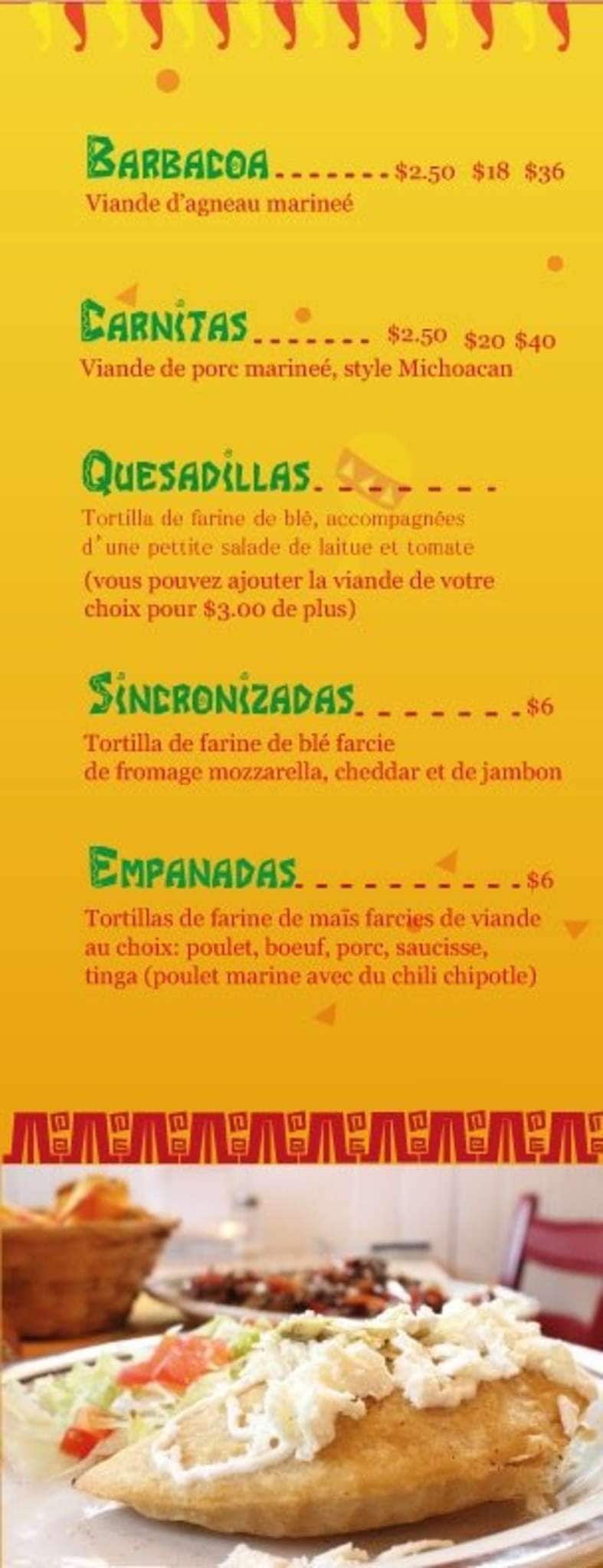 Menu at El Comal restaurant, Montreal